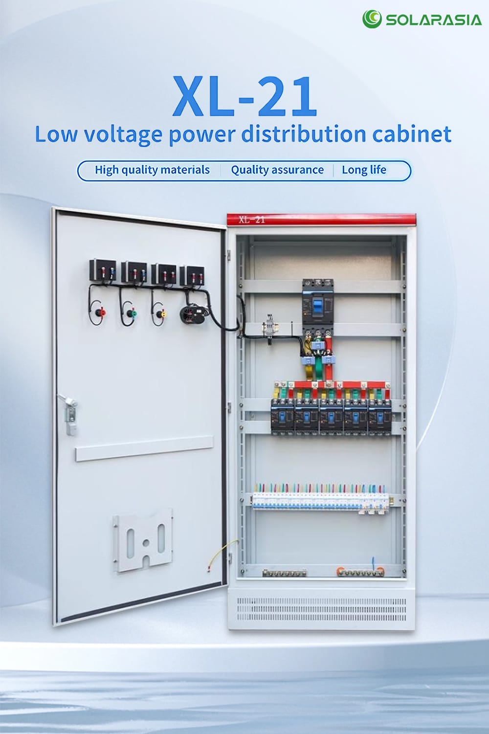 Front view of XL-21 low voltage power distribution cabinet, a floor-standing industrial electrical enclosure made of high-quality cold-rolled steel.
