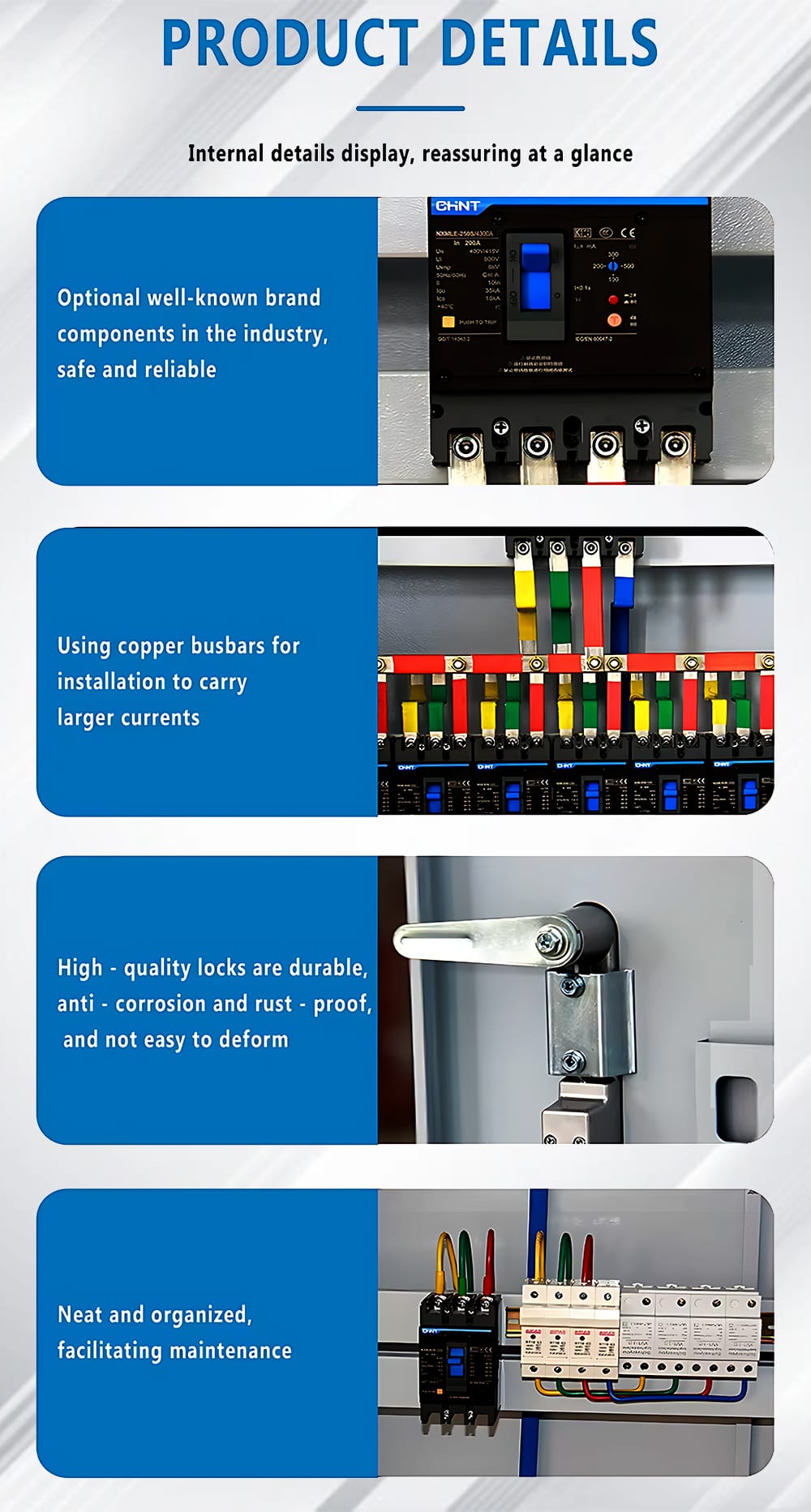 Interior details of XL-21 cabinet featuring pure copper busbars, organized wiring layout, and high-quality industrial locks.