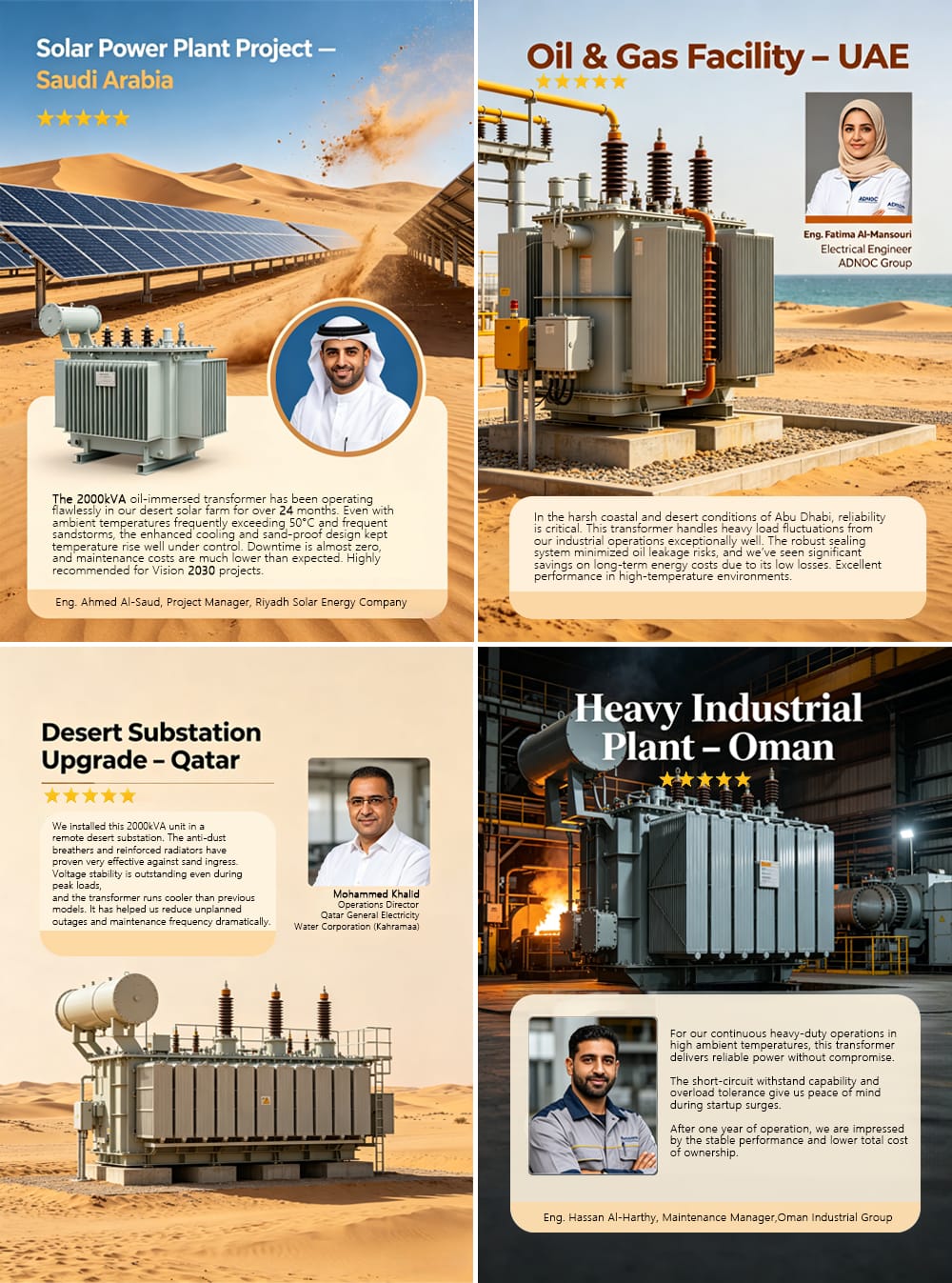 Customer testimonial photo of 2000kVA oil immersed transformer operating reliably in high-temperature desert environment in Saudi Arabia or UAE