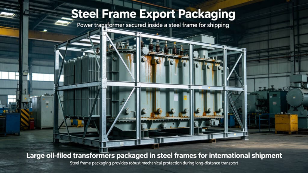 Power transformer secured inside a steel frame for shipping