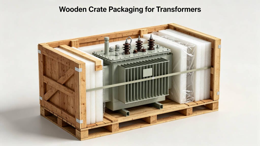 Transformer packaged in a wooden export crate