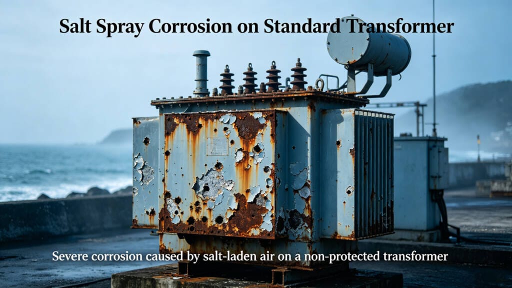 salt spray corrosion damage on transformer in coastal environment