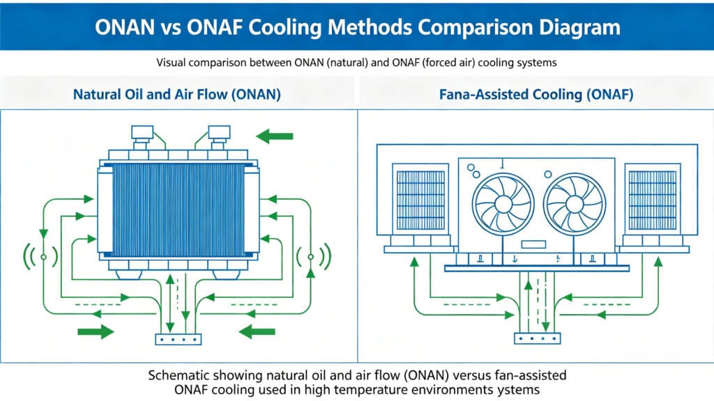 Comparison diagram of ONAN and ONAF cooling methods for tropical transformer cooling
