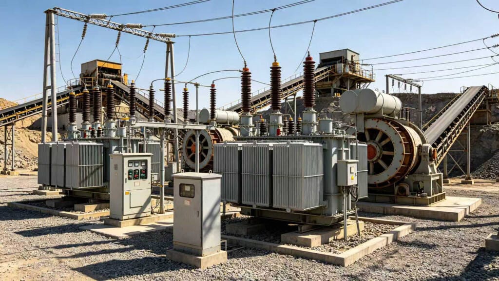 Mining transformers powering heavy equipment at mining site