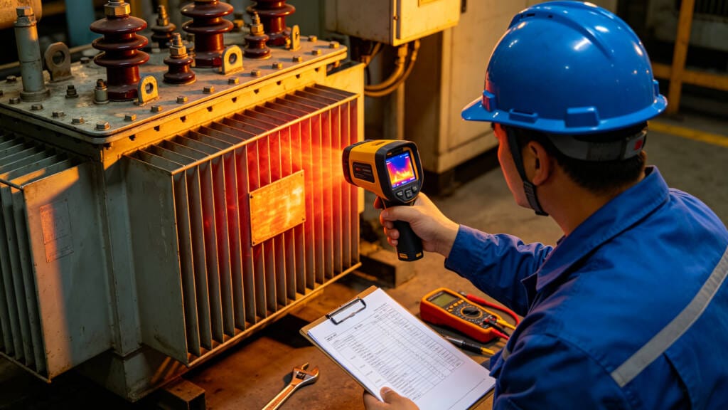 Technician inspecting oil immersed transformer maintenance condition