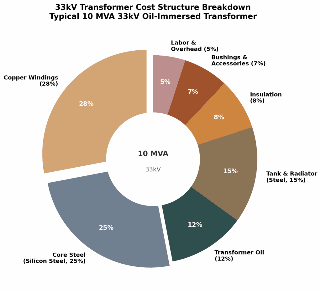 33kV transformer cost breakdown pie chart copper windings core steel