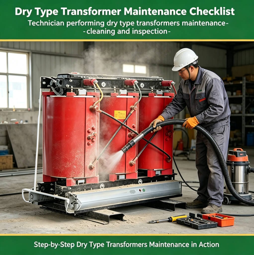 Technician performing dry type transformers maintenance - cleaning and inspection