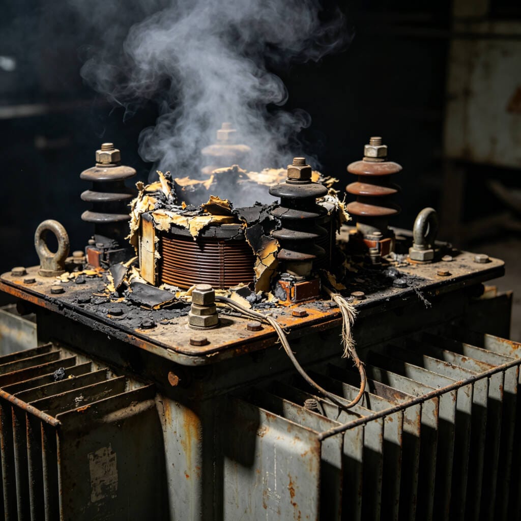 Low-quality transformer with overheating and insulation damage