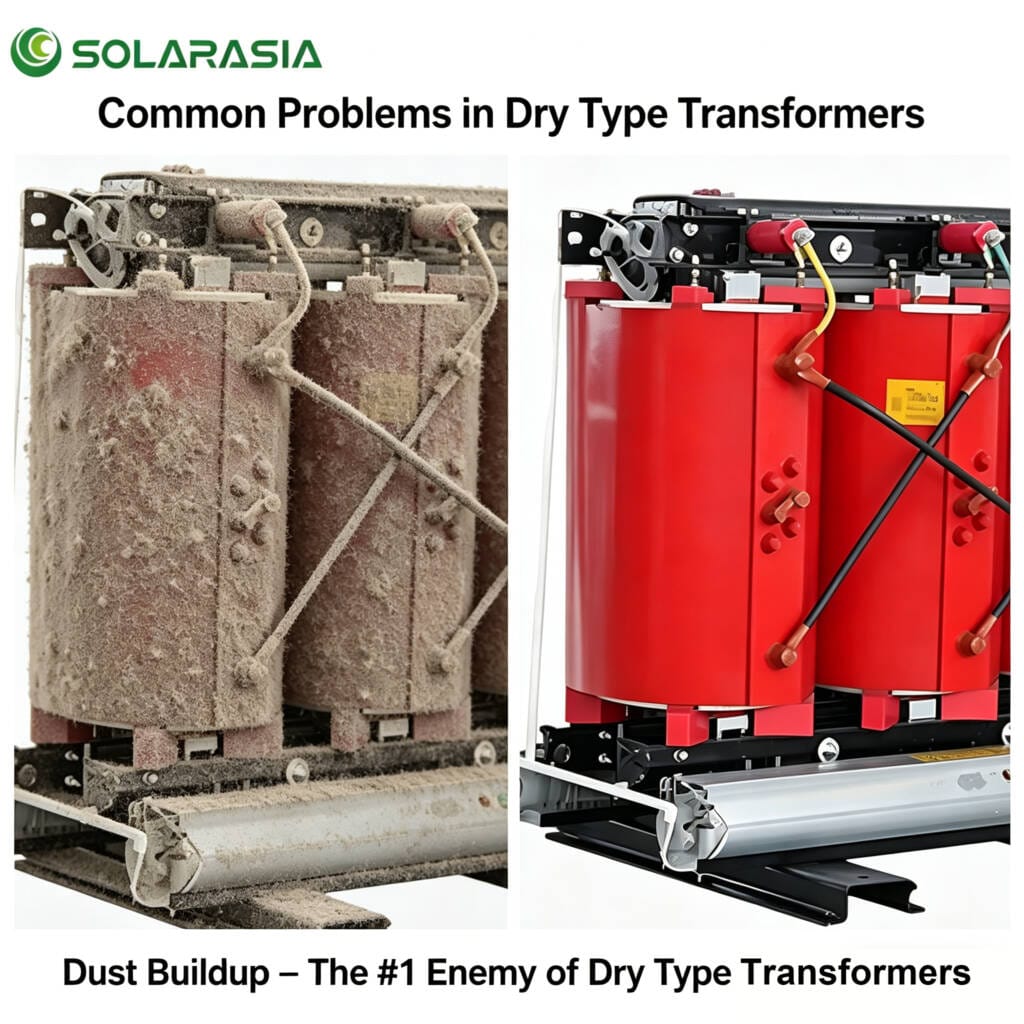 Dust accumulation on dry type transformer coils affecting maintenance