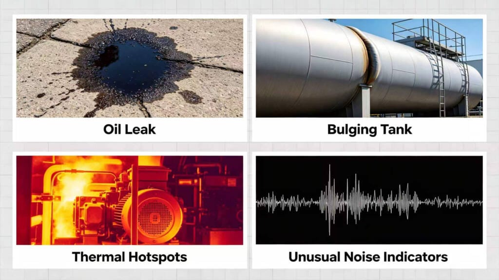 Early warning signs of common transformer failures including oil leaks and abnormal temperature