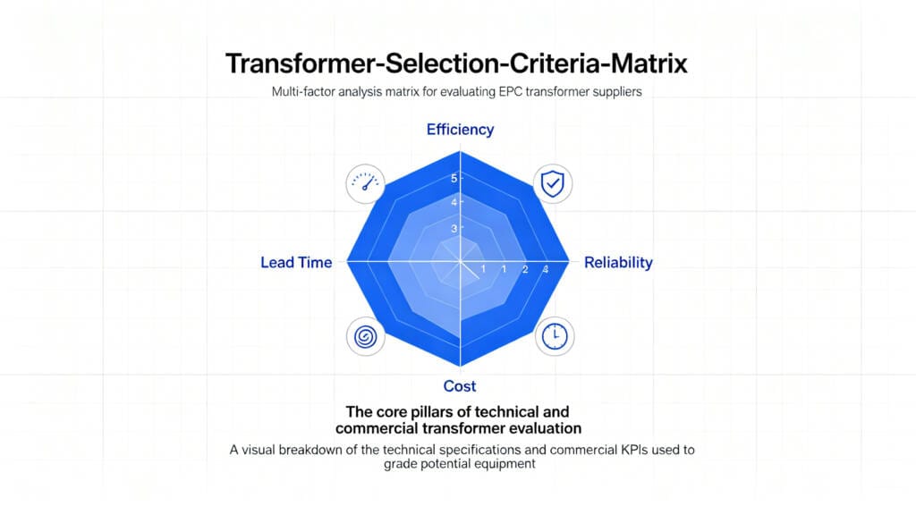 Multi-factor analysis matrix for evaluating EPC transformer suppliers.