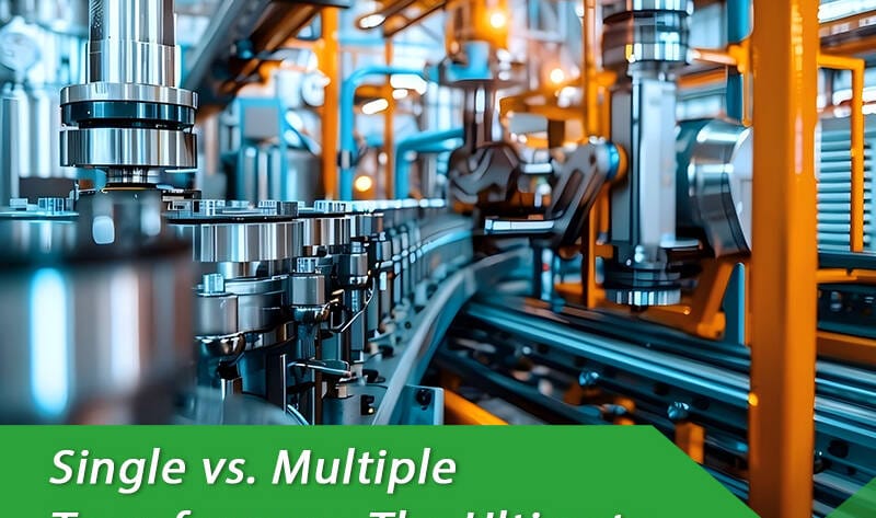 A comparison layout showing a large single transformer versus multiple parallel transformers in an industrial setting.