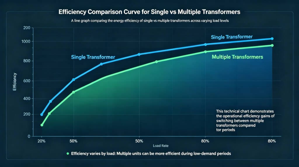 A line graph comparing the energy efficiency of single vs multiple transformers across varying load levels.