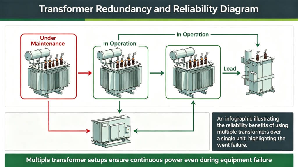 Diagram showing how multiple transformers provide N+1 redundancy during maintenance or failure.