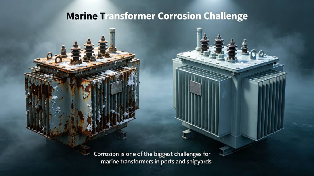 Corroded marine transformer exposed to harsh coastal environment