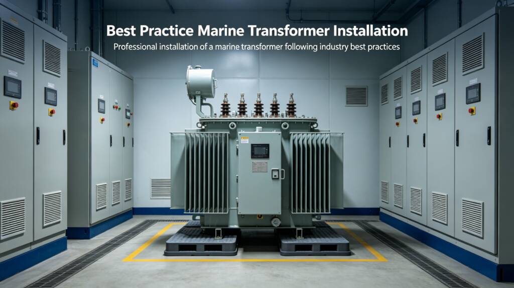 Properly installed marine transformer with vibration dampers in shipyard