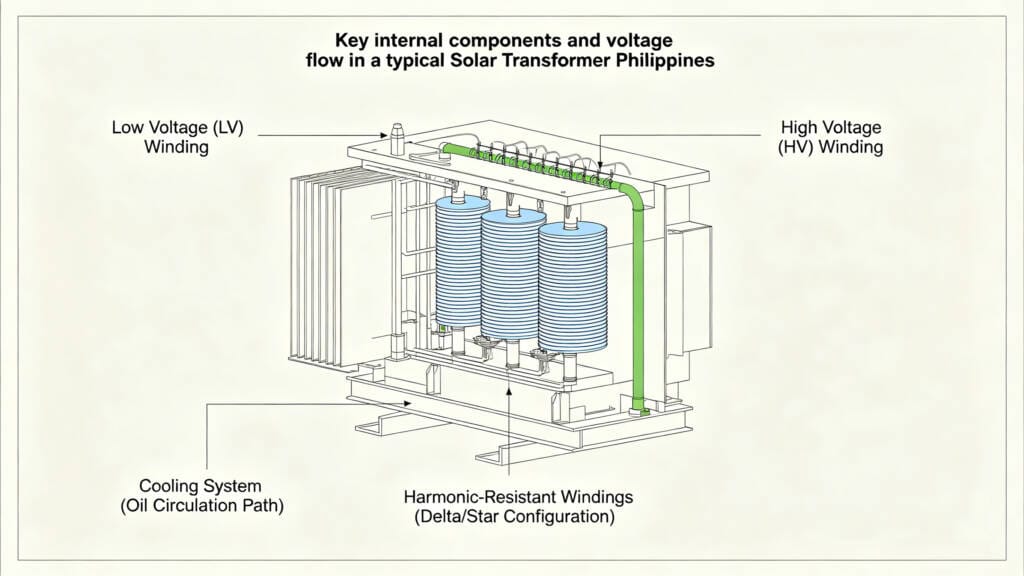 Technical diagram showing voltage ratings and components of a Solar Transformer Philippines