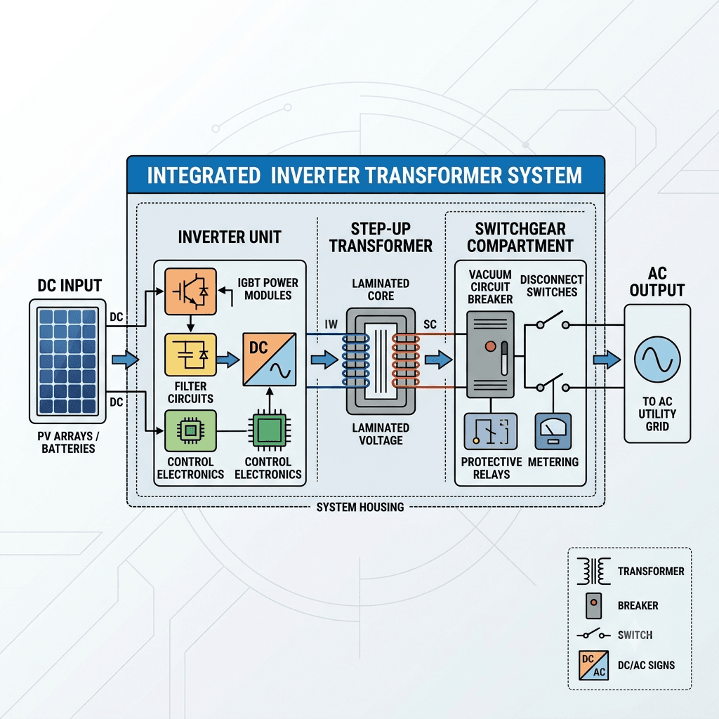 Diagram showing internal components of Integrated Inverter Transformer including inverter, step-up transformer and switchgear