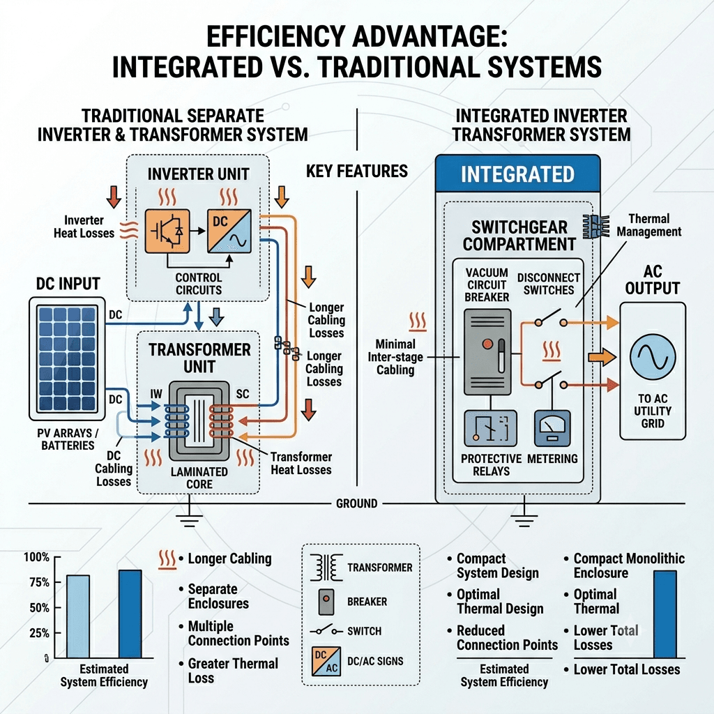 Side-by-side comparison chart showing higher efficiency of Integrated Inverter Transformer versus traditional separate inverter and transformer systems