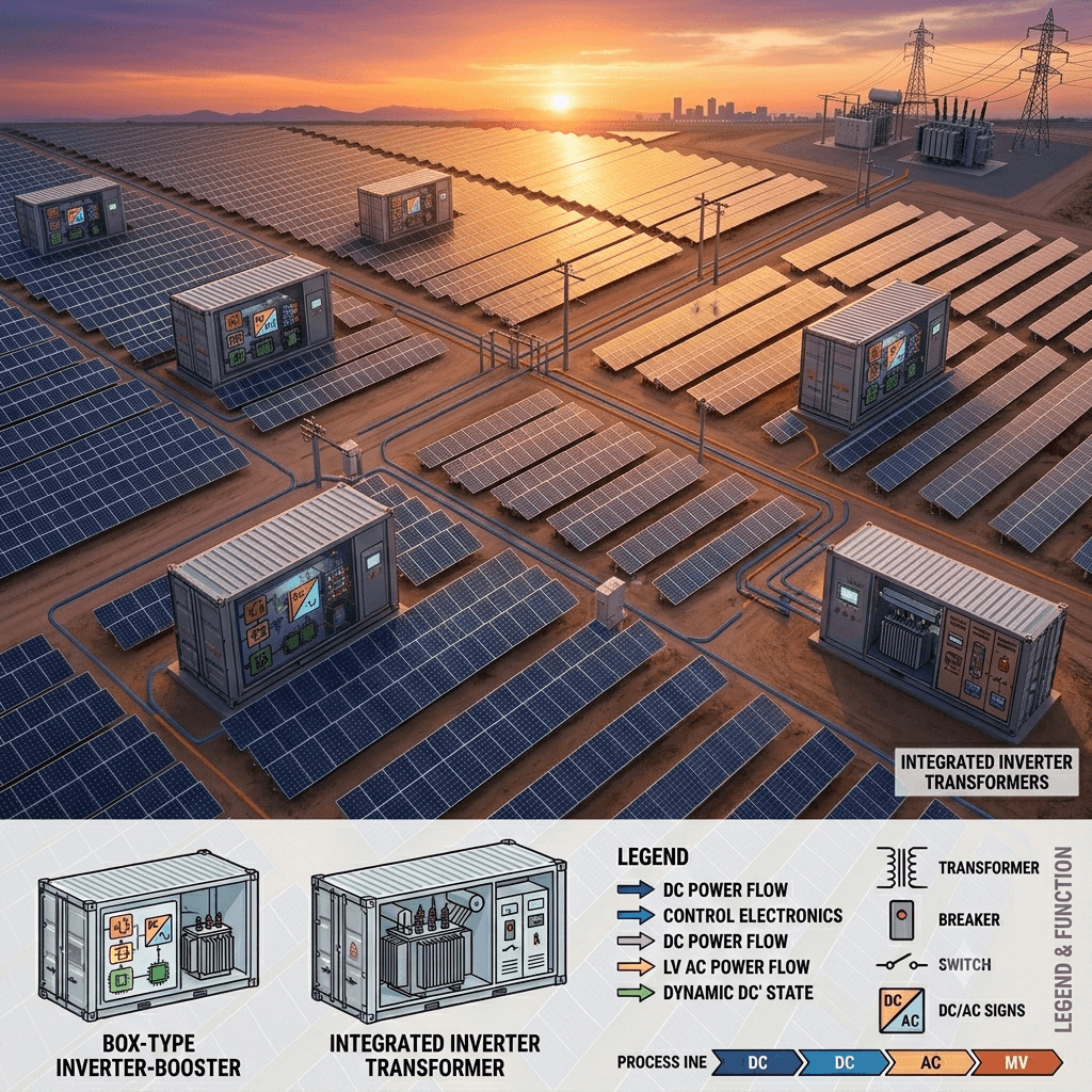 Modern PV power plant featuring multiple Integrated Inverter Transformer units at sunset