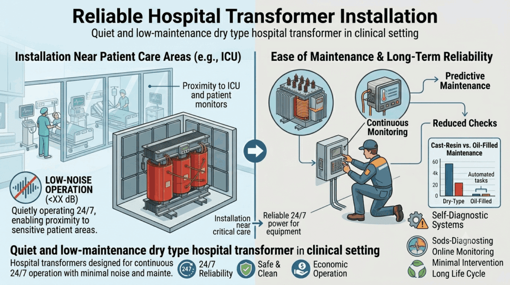 Low-noise dry type hospital transformer operating near patient care areas