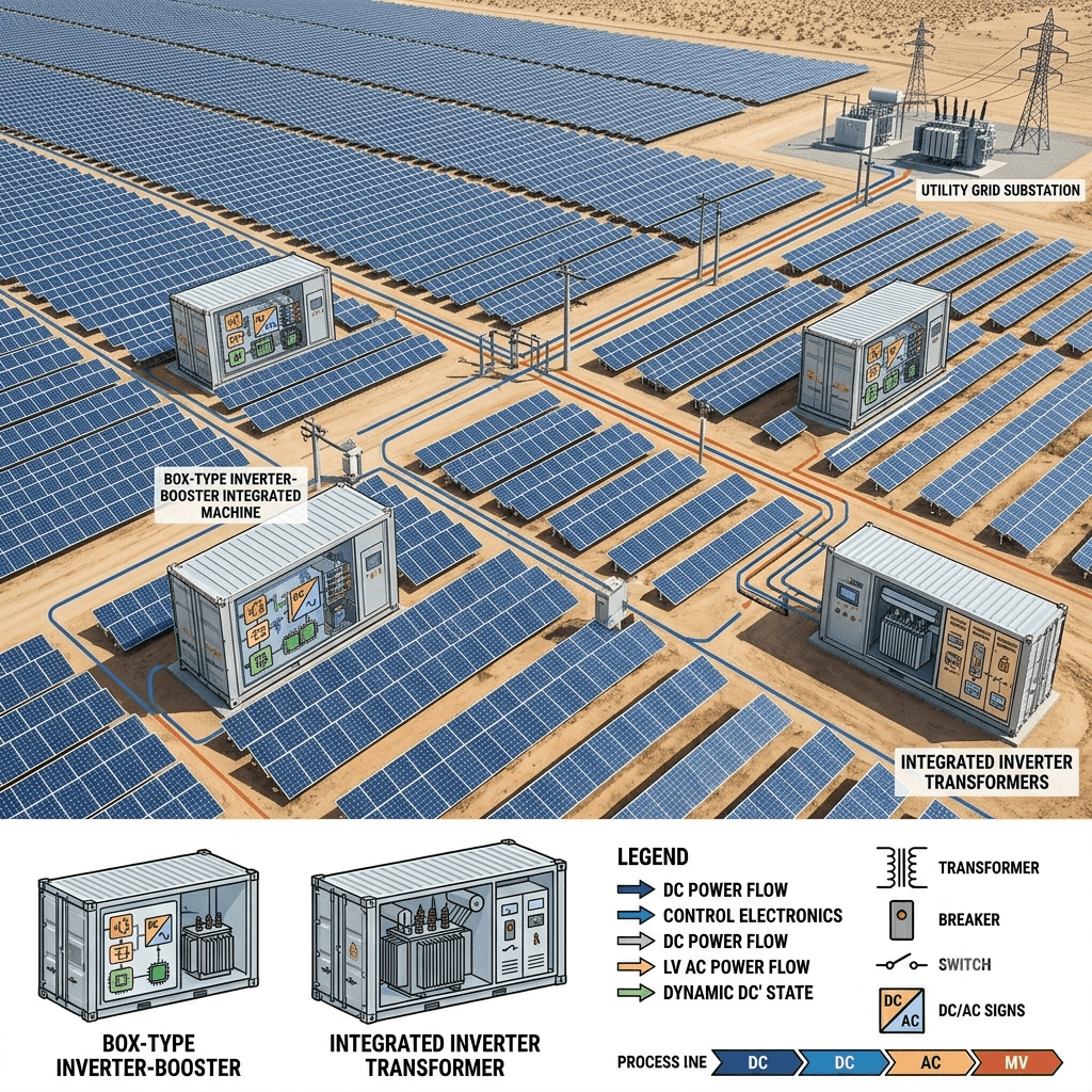 Aerial view of utility-scale PV plant equipped with Box-Type Inverter-Booster Integrated Machine and Integrated Inverter Transformer