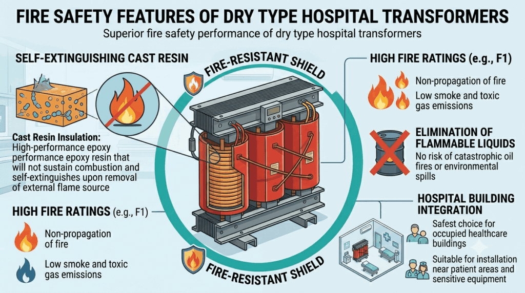 Fire-resistant dry type hospital transformer with self-extinguishing cast resin