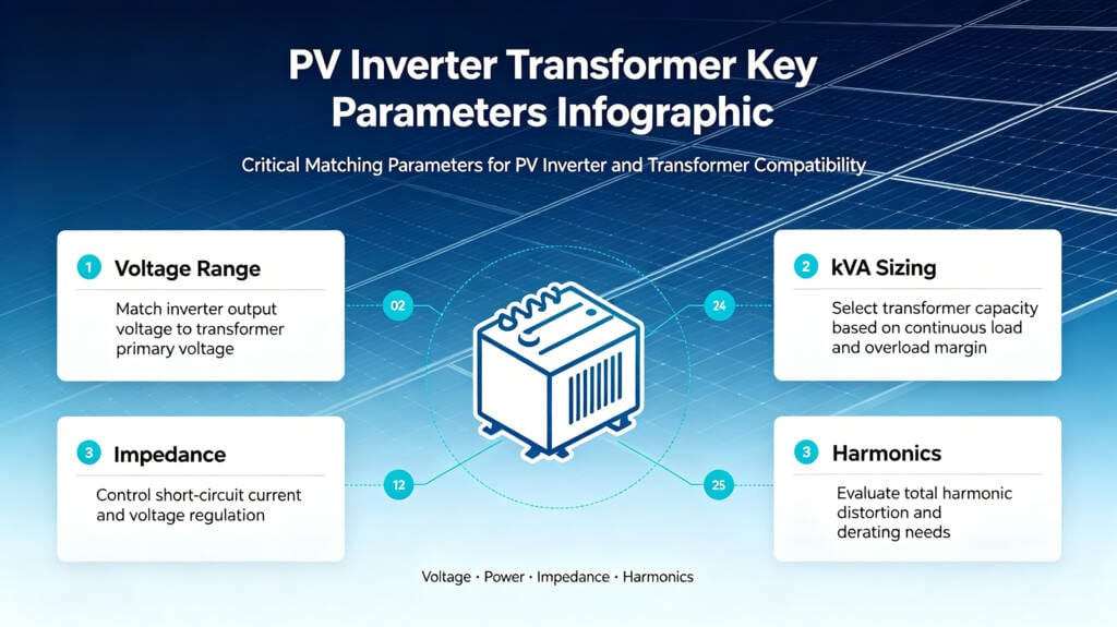 Key parameters for PV inverter transformer matching including voltage, power, impedance and harmonics